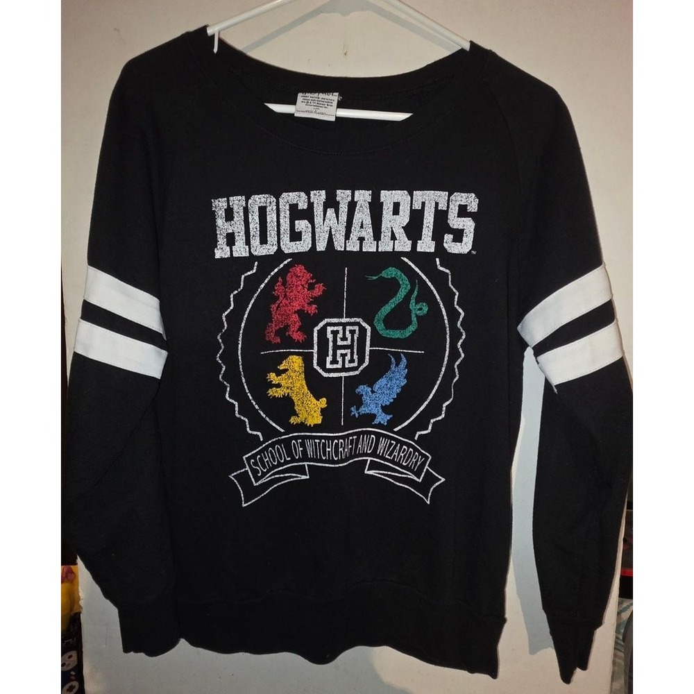 Harry Potter Hogwarts Crest Sweatshirt Black Varsity Stripe Women Large L